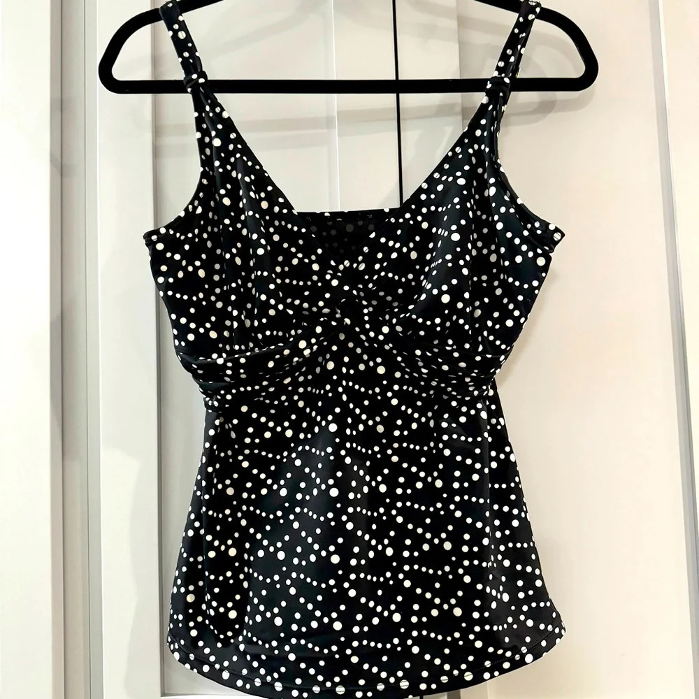 Jantzen Black & White‎ Polka Dot Tankini Top with Built in Support Bra sz 34D/DD